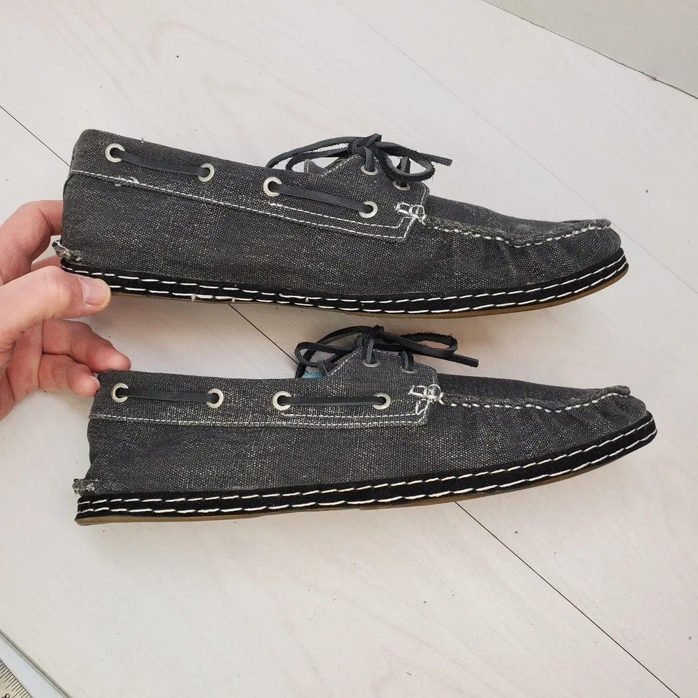 GBX Mens Boat Shoes Charcoal Denim‎ Canvas Plaid Lining Moc Toe 13M Street-Savvy